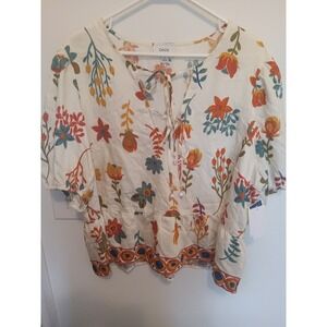 CeCe Women Floral Puff Sleeve Peplum Blouse Ivory Multi Tie Neck XL NWT
